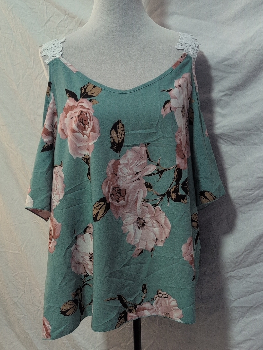 Floral Cold-Shoulder Top in Teal with Pink Roses